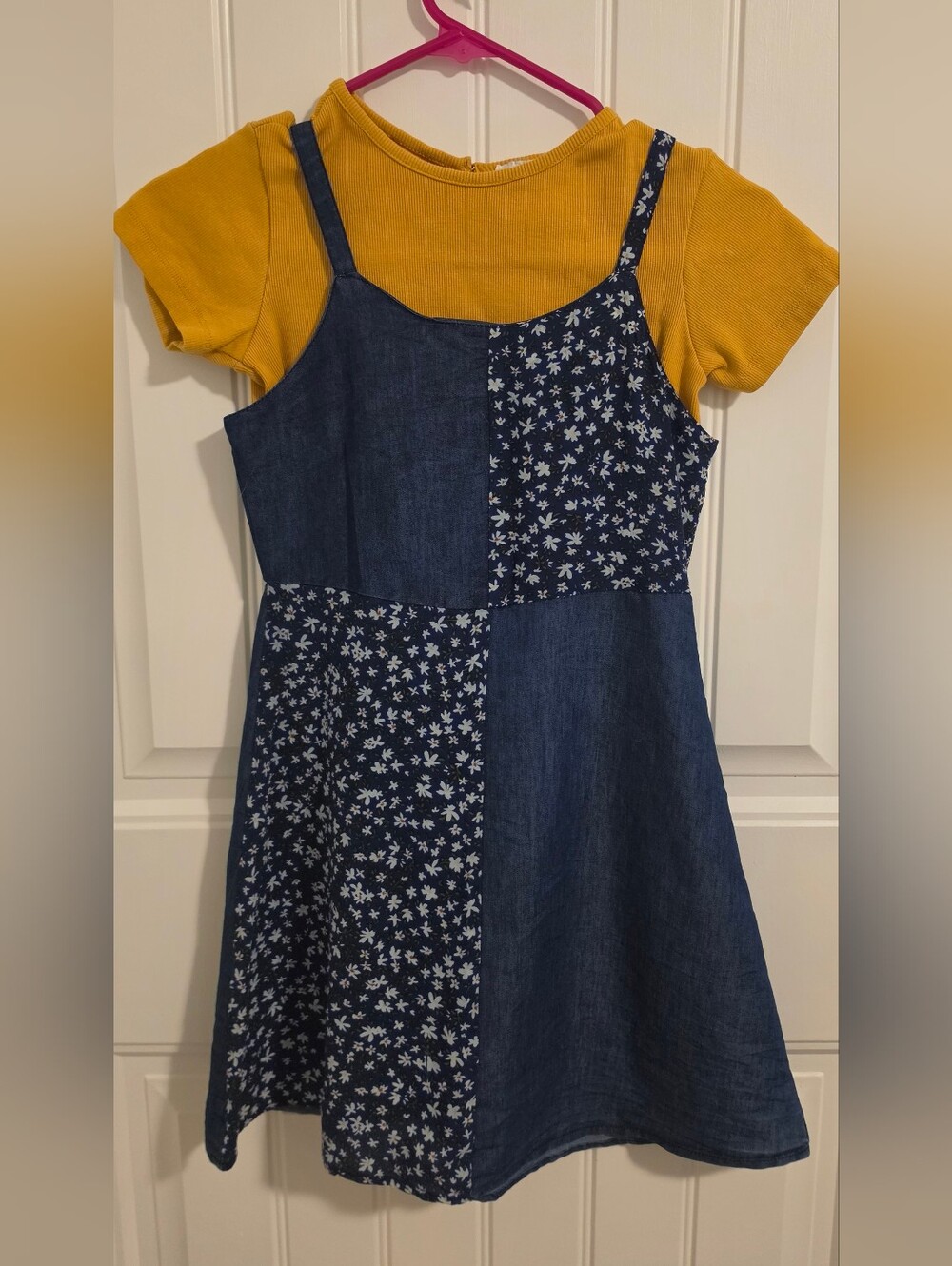 Rare Editions Blue Patchwork Denim Sundress with Mustard Tee